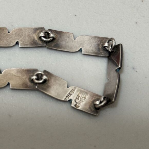 Vintage Taxco Mexico Turquoise Inlay Box Clasp Sterling Bracelet - Picture 4 of 5